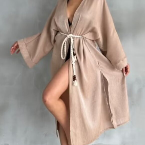 Turkish Jackets & Blazers - Chic Beige Women's Cape with Tie